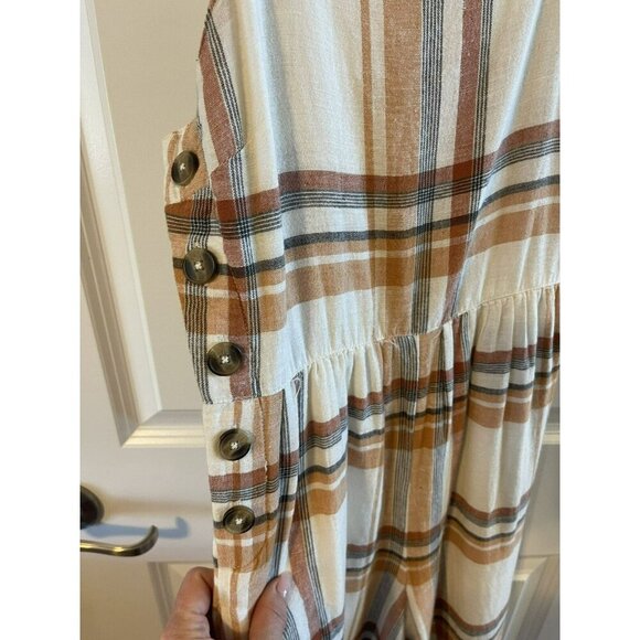 American Eagle Womens Linen Blend cropped Jumper Romper Sz 0 Ivory Plaid Straps - Picture 4 of 9